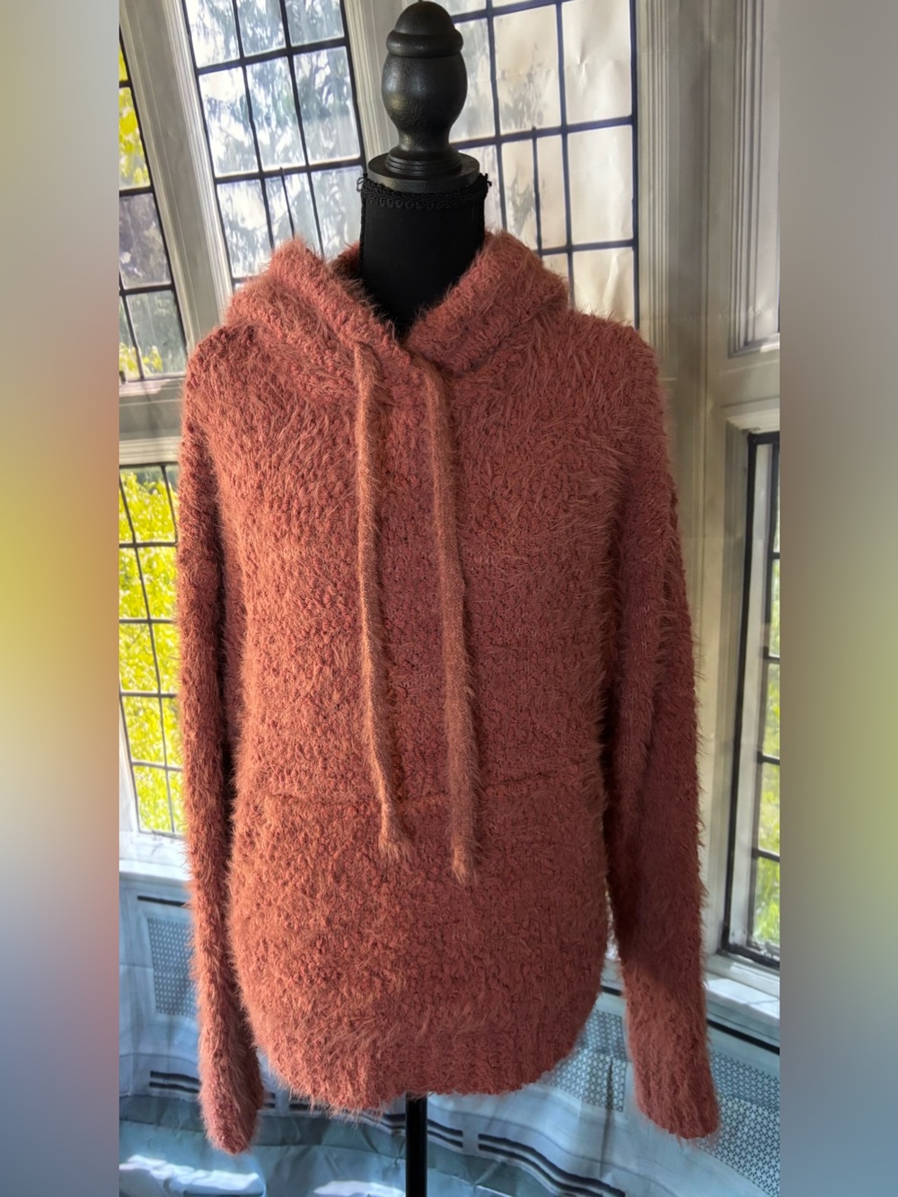 white birch Fuzzy Hooded Teddy Sweater in Rust